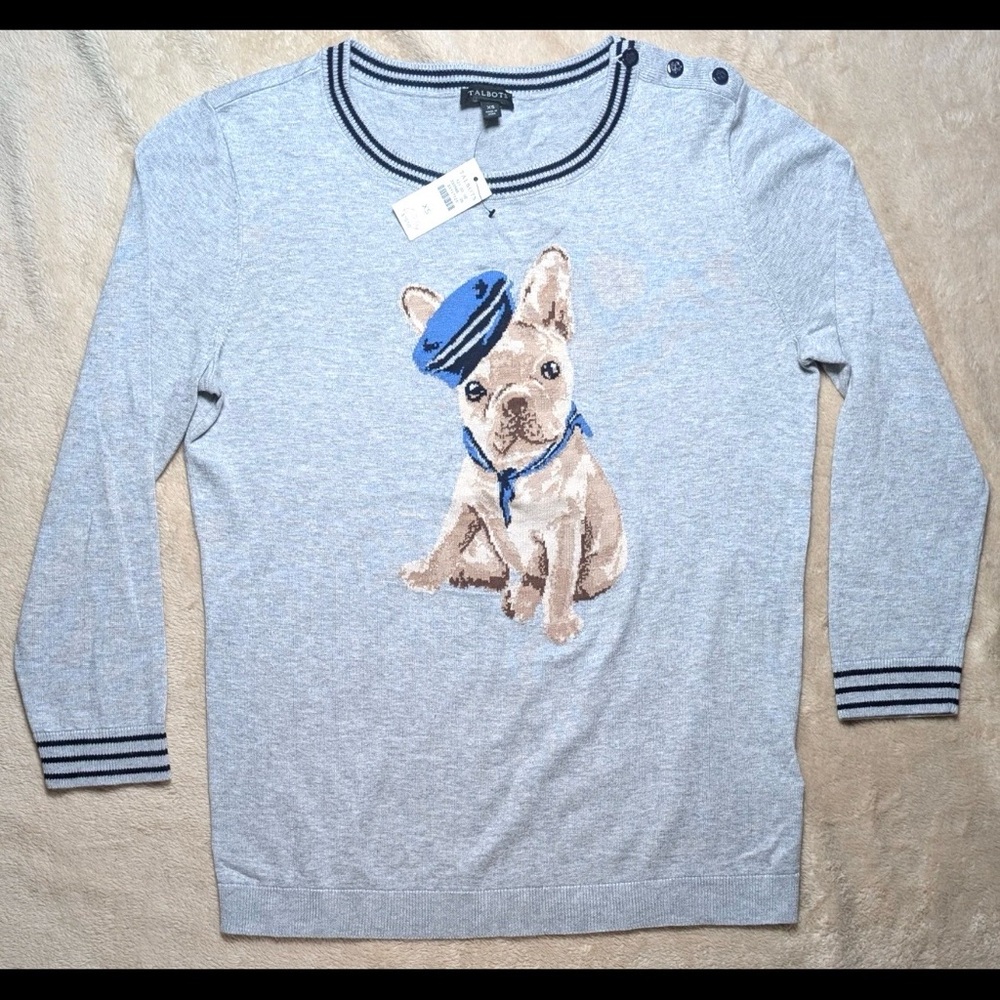 NWT Talbots Women Gray Sweater with French Bulldog Design XS Nautical Old Money
